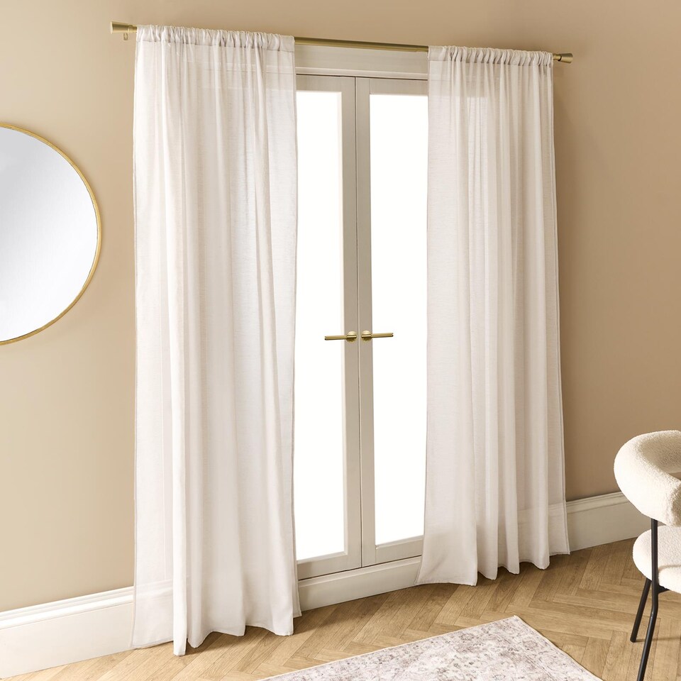 image 1 of OHS Linen Look Voile Curtains 2 Panels Net Rod Slot Top Pair | White | Ivory