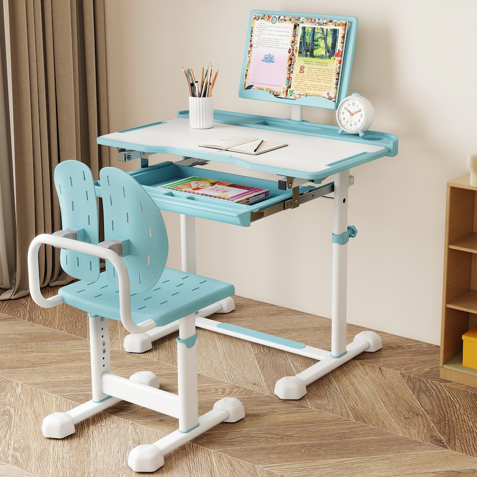 image 1 of COSTWAY Kids Study Desk & Chair Set Height-Adjustable Children Study Desk-Blue