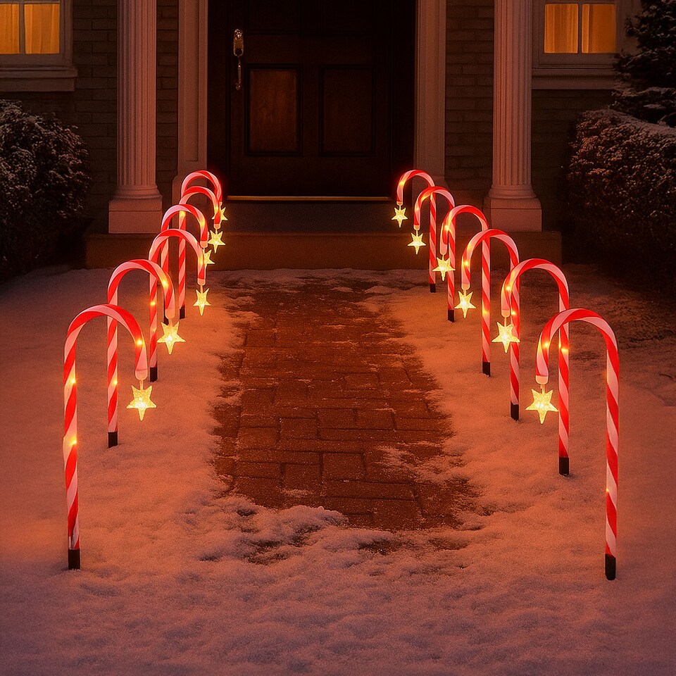 image 1 of Large 42cm 12 Piece Set Remote Solar Panel Battery Candy Cane Christmas Lights