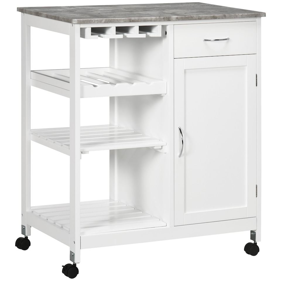 image 1 of HOMCOM Compact Kitchen Trolley Utility Cart on Wheels with Wine Rack, Drawer, Open Shelf and Storage Cabinet for Dining Room, White
