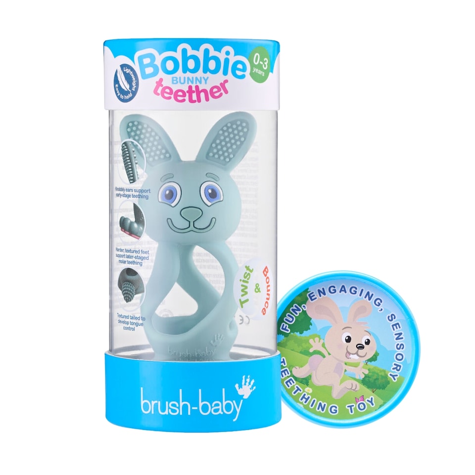 image 1 of Brush Baby Bobbie Bunny Baby Teether Toy Eucalyptus Green | Twist & Bounce Teething Toy