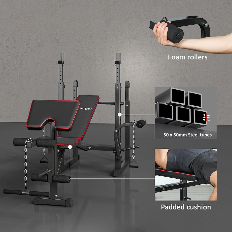 image 1 of SPORTNOW Weight Bench with Two Barbell Racks, Preacher Curl Bench