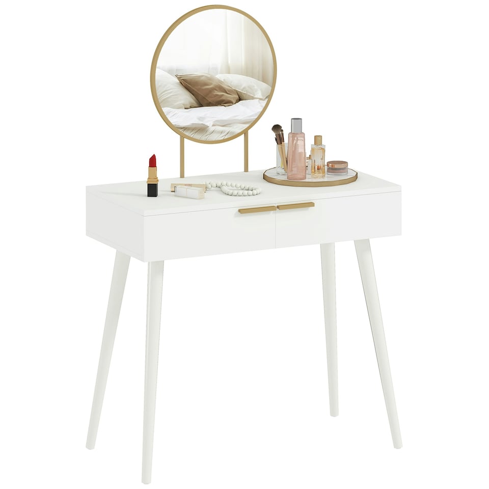 image 1 of HOMCOM Modern Dressing Table w/ 2 Drawers Round Mirror for Bedroom White
