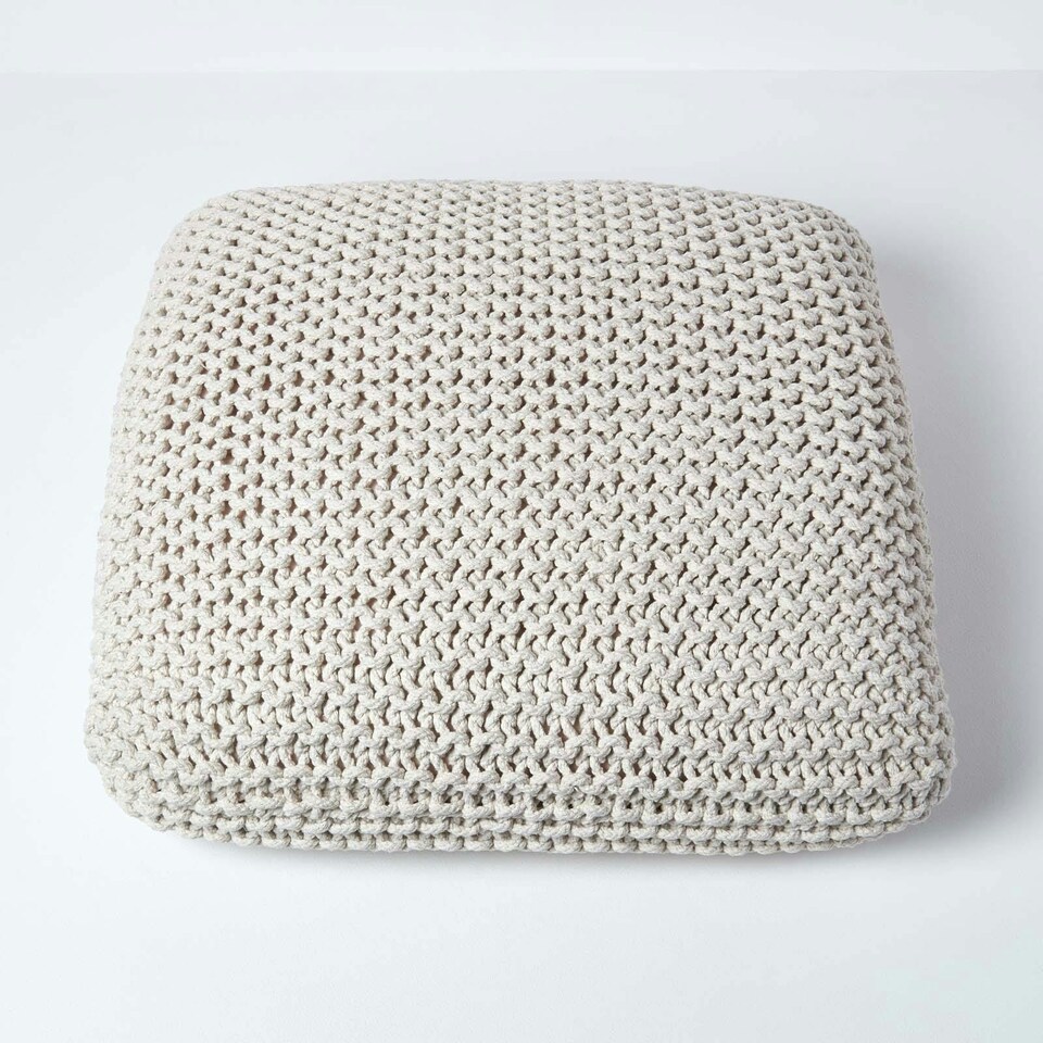 image 1 of Homescapes Natural Square Cotton Knitted Pouffe Floor Cushion | Cream | 70 x 20 cm