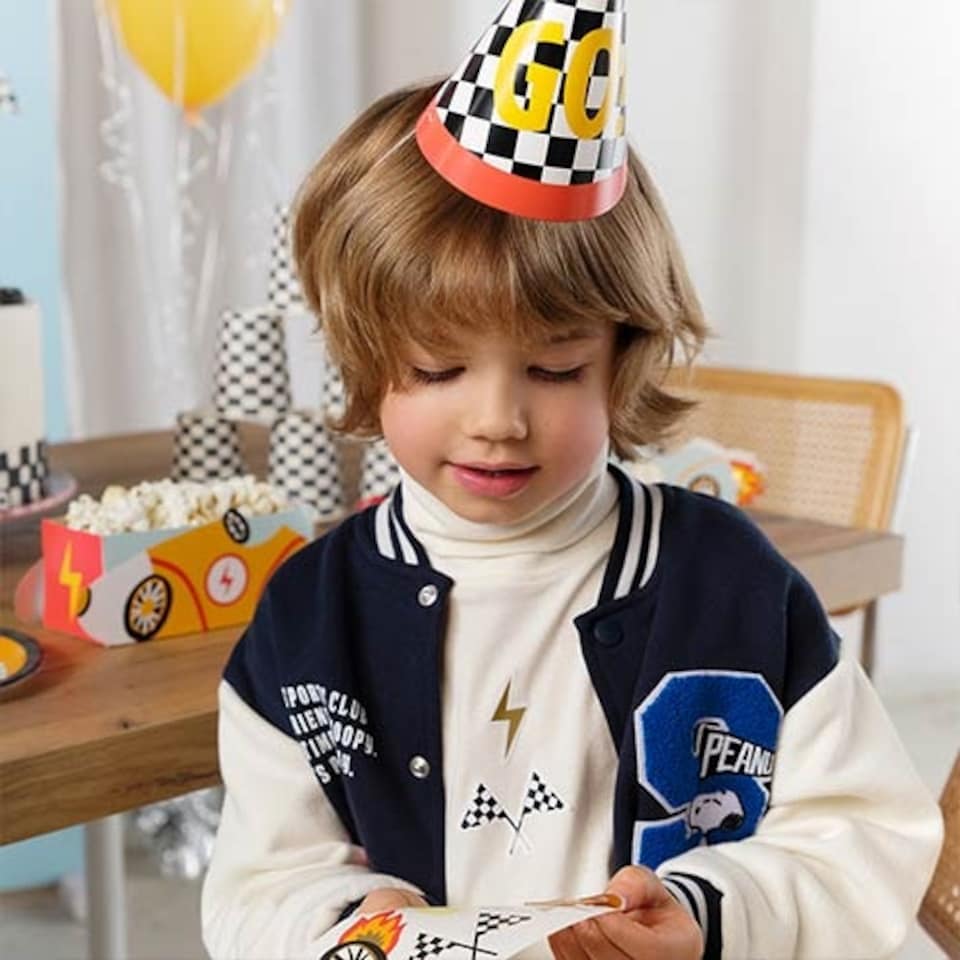 image 1 of Go! Checkered Flag Racing Party Hats 16cm - Pack of 6