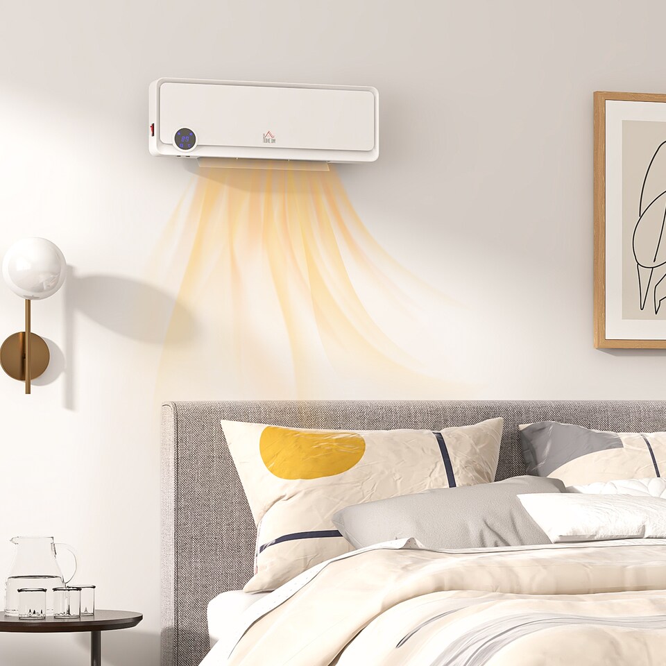 image 1 of HOMCOM Wall Downflow Heater 2 Heat and Fan 1000W2000W, Electric Space Heater with Timer Remote Oscillating, for Bedroom Home Office, White