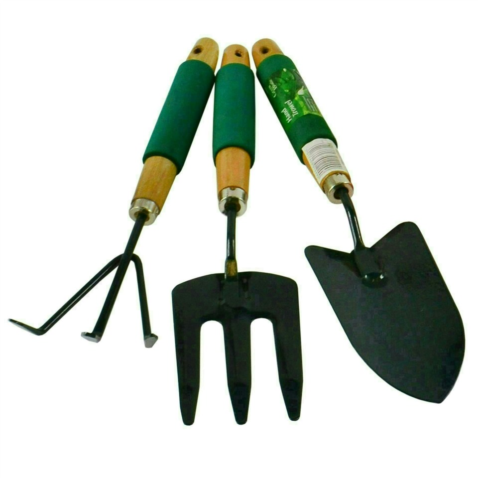 image 1 of Garden Gardening Hand Rake Spade Shovel Fork And Foam Kneeling Pad 4pc Set