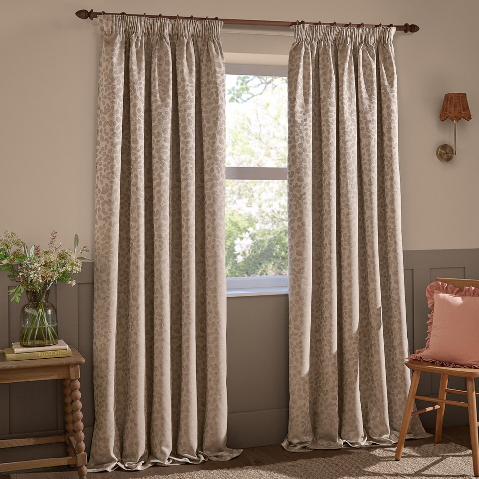 image 1 of Wylder Grace Leaf Jacquard Fully Lined Pencil Pleat Curtain Pair, Taupe, (W) 168 x (D) 137cm | Cream | Taupe | 1