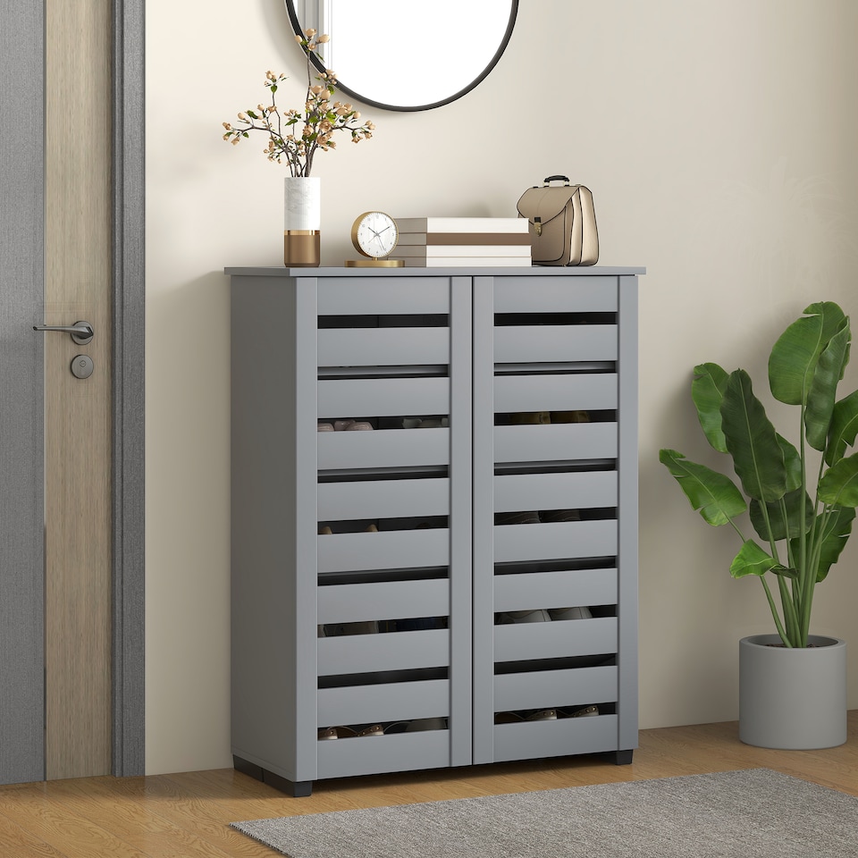image 1 of HOMCOM Narrow Shoe Cabinet for Entryway, 5-Tier Slim Shoe Storage Cabinet with 2 Slatted Doors and Adjustable Shelves for 15 Pairs, Dark grey | Grey | Dark Grey