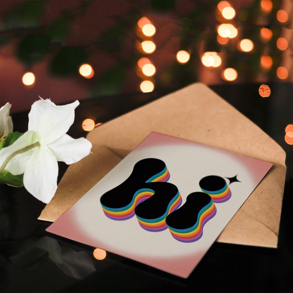 image 1 of Hi Colourful Retro Rainbow Font Typography Thinking Of You Greeting Card