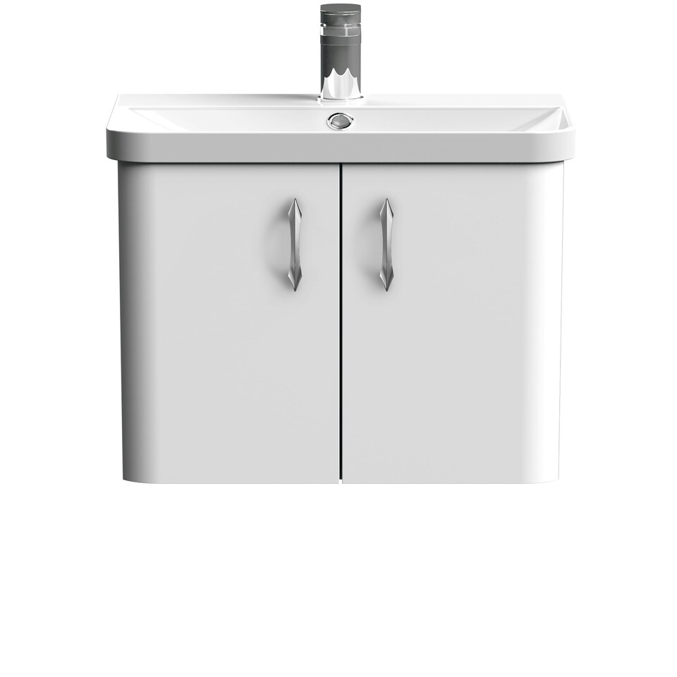 Curve Wall Hung 2 Door Vanity Basin Unit - 500mm - Gloss White with Chrome D Shape Handles (Tap Not Included) White