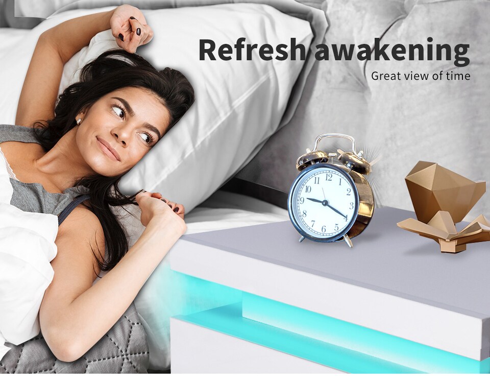 image 1 of Levede 2 Drawer Bedside Table High Gloss RGB LED Nightstand Cabinet | White | White