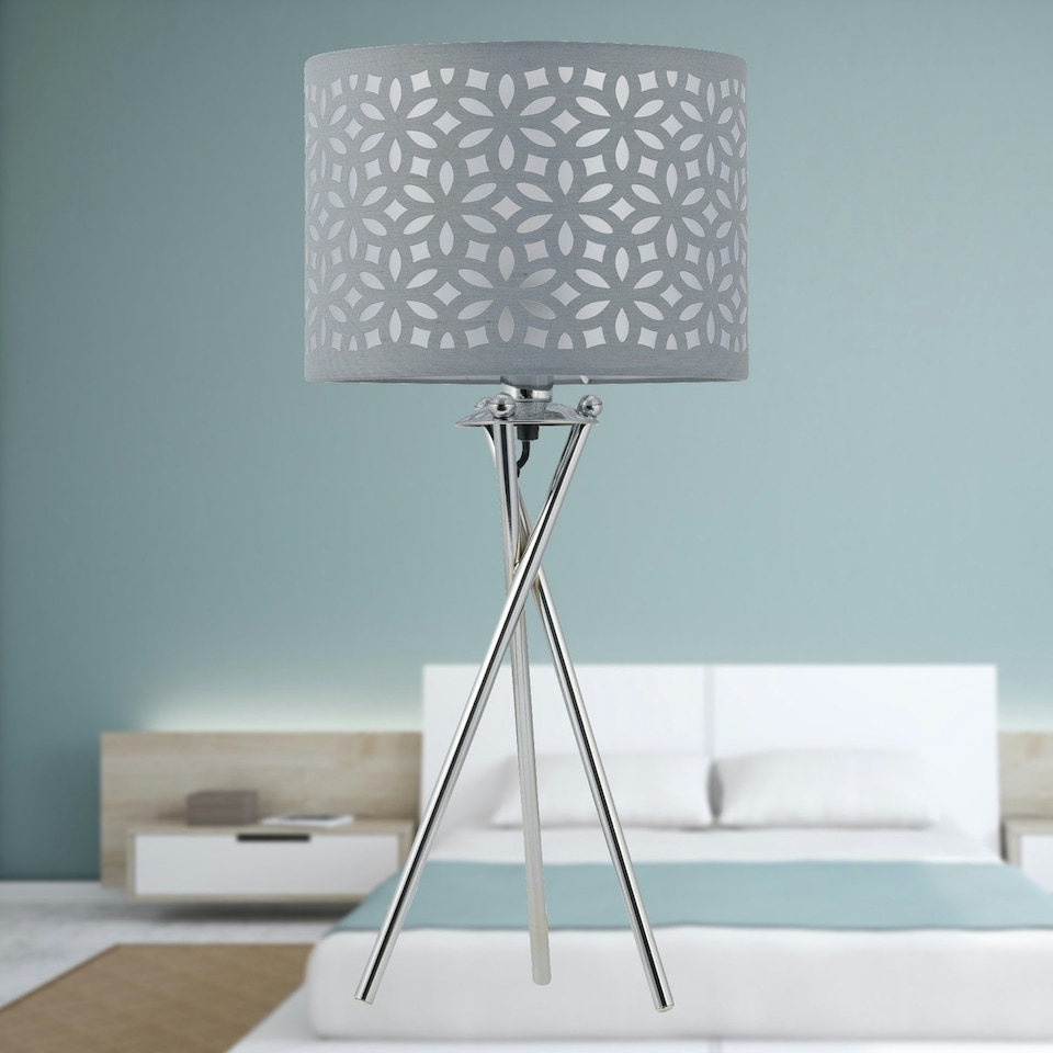 image 1 of First Choice Lighting Chrome Tripod Table Lamp with Grey Laser Cut Shade Chrome | Grey