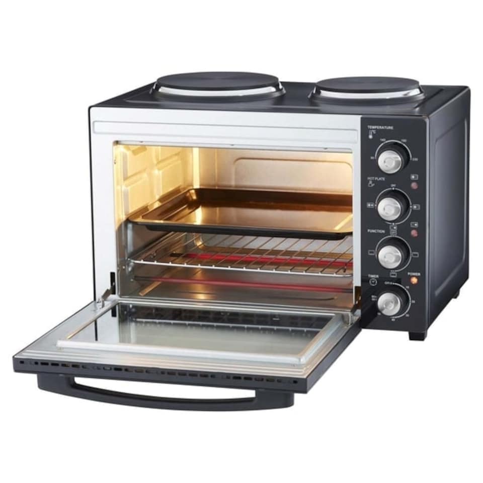 image 1 of Cooks Professional Mini Oven with 2 Hobs | 34 Litre | Powerful 1500W | Black and Silver