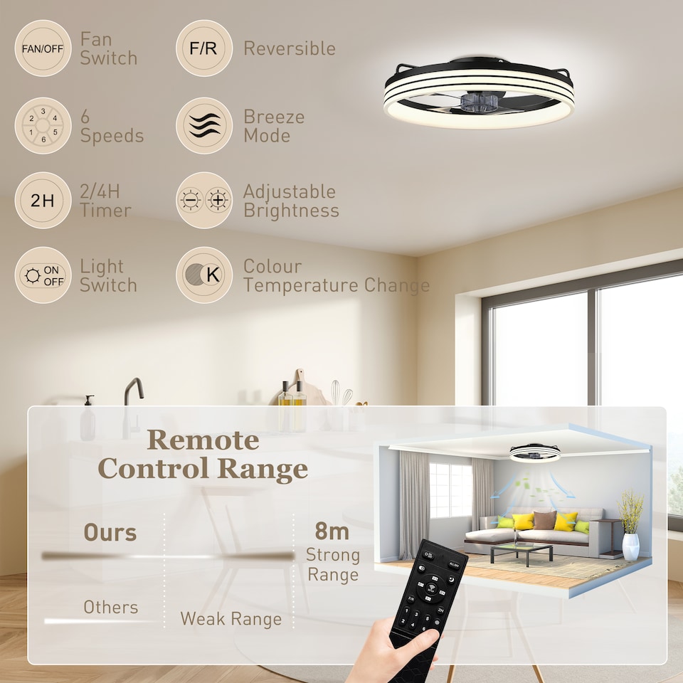 image 1 of HOMCOM Ceiling Fan with Light and & App Control, 6 Speed, 50 cm | Black | Black, Transparent, Smoky Grey | 50 x 50 x 13.8 cm