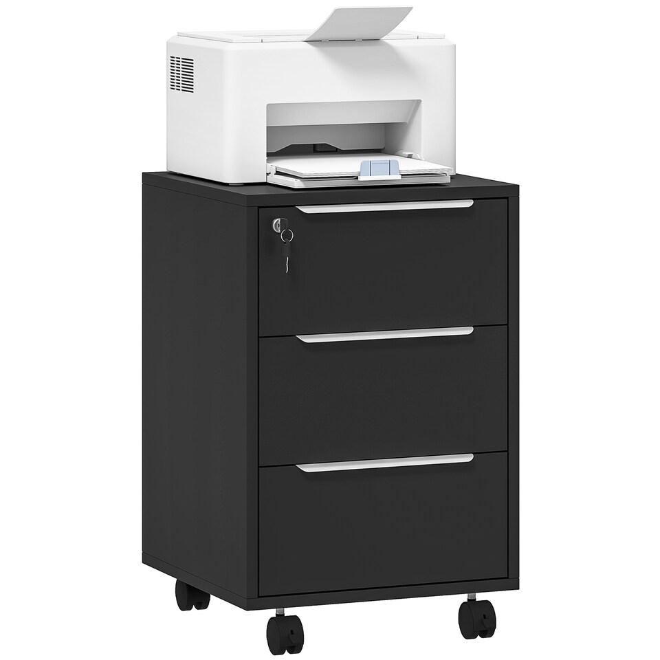 image 1 of HOMCOM 3-Drawer Lockable Filing Cabinet, File Cabinet on Wheels, Mobile Office Storage Drawers for Home Office, Bedroom and Living Room, Black | Black | Black