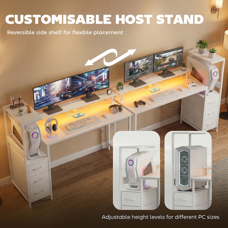 image 1 of HOMCOM 147cm Gaming Desk with Charging Station and RGB Lights, White | White | White | 147 x 47 x 110-130 cm
