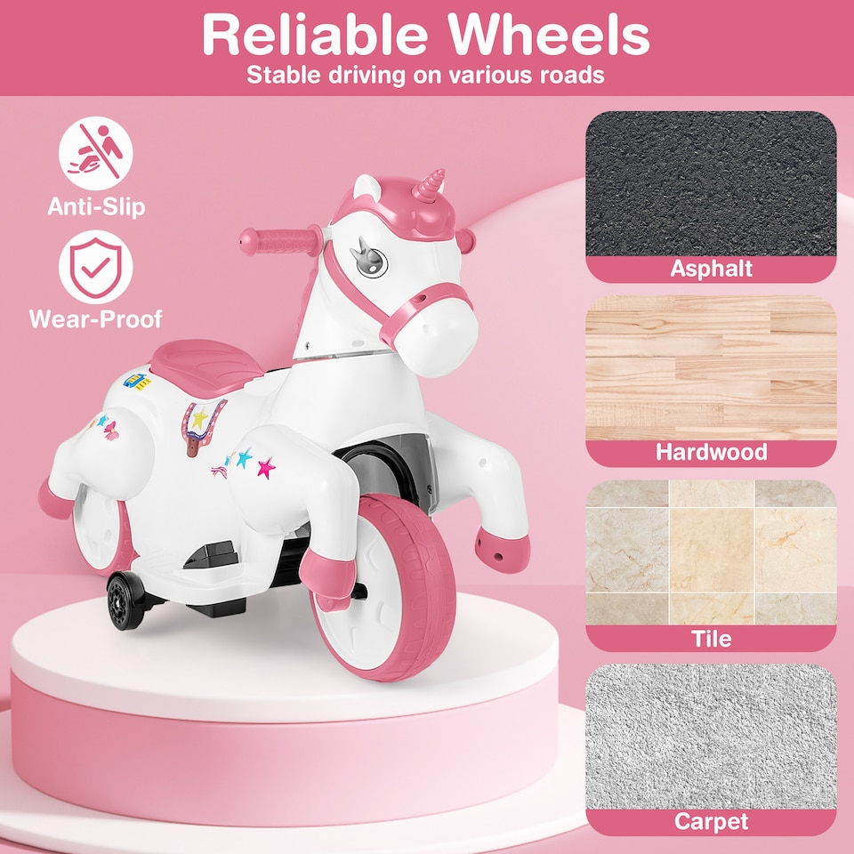 image 1 of COSTWAY 12V Unicorn Ride on Toy Ride on Pony Motorcycle Pink