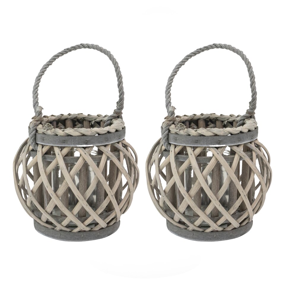 image 1 of JVL Luna Set of 2 Natural Round Willow Wood Lantern With Braided Rope Handle, Grey Wash