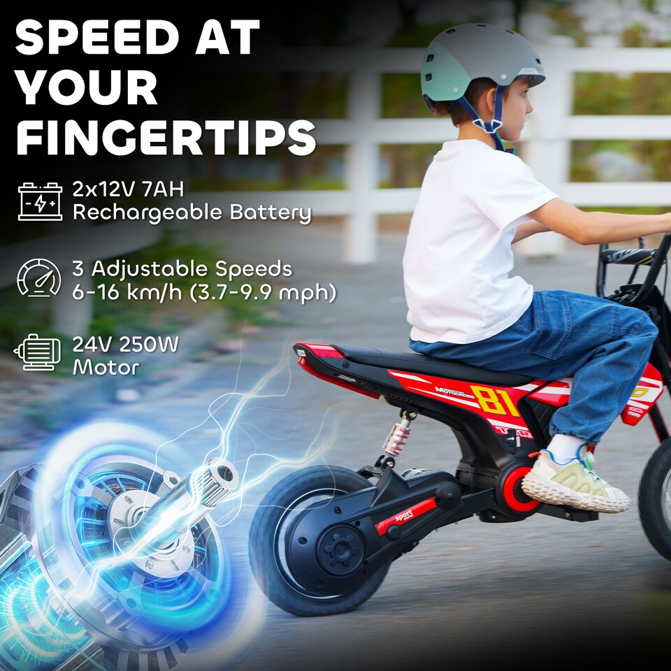 image 1 of AIYAPLAY Kids Electric Motorbike, 24V Battery Powered Dirt Bike with 250W Motor, 6-16km/h, 7AH Batteries, 12" Inflatable Tires and Rear Suspension, Ride On Motorcycle for 8-12 Years Old | Red