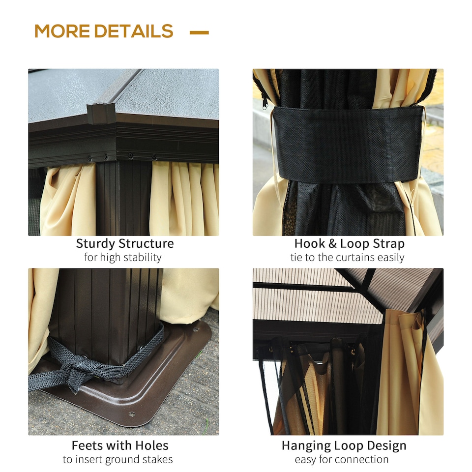 image 1 of Outsunny 3.6 x 4m Hardtop Gazebo Canopy with Polycarbonate Roof and Aluminium Frame, Garden Pavilion with Mosquito Netting and Curtains