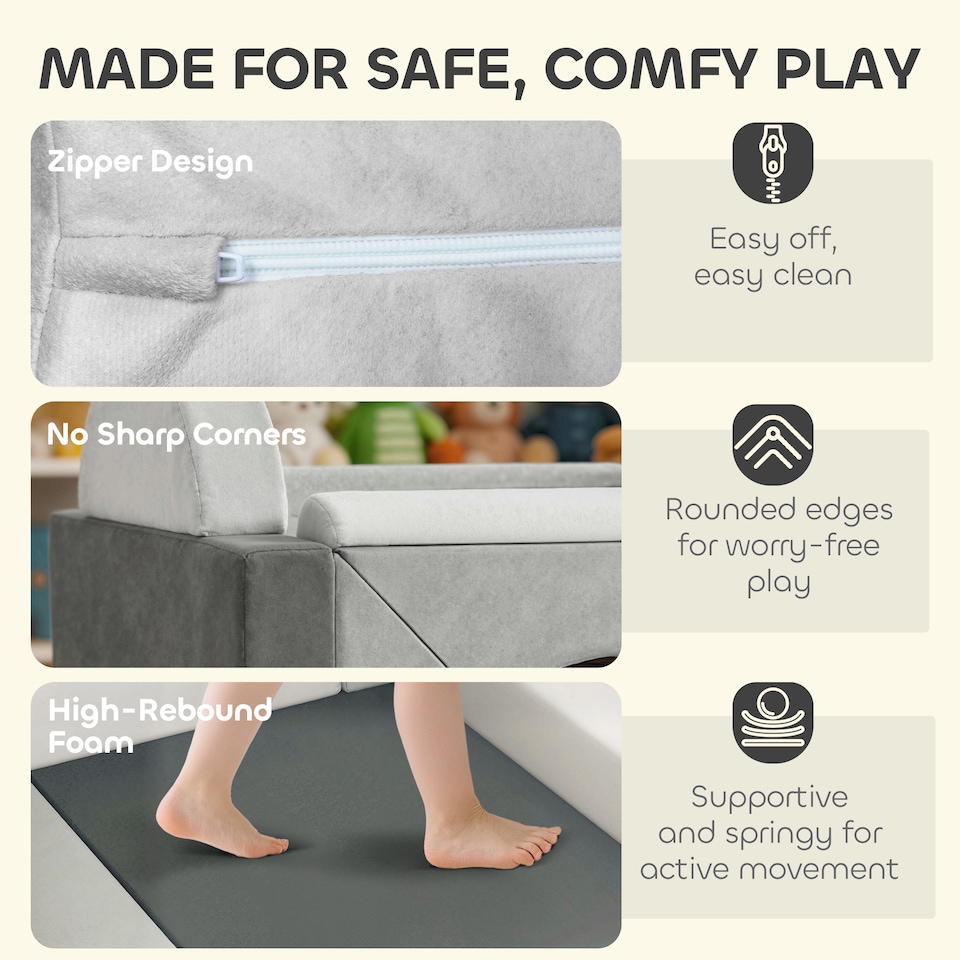 image 1 of AIYAPLAY Kids Play Sofa, 12 Pieces Foam Modular Convertible Sofa | Grey | Light Grey | 130 x 105 x 41 cm
