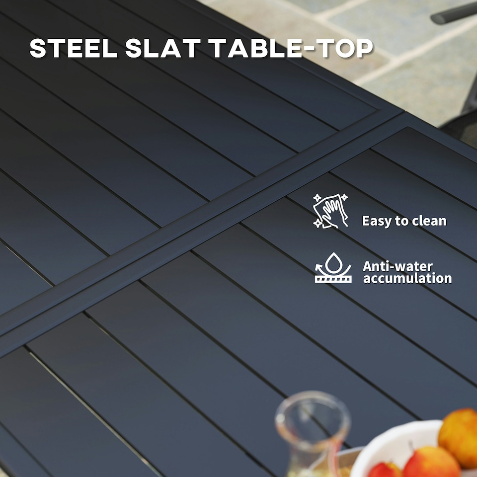 image 1 of Outsunny Garden Table for 6 Person with Slat Top, Steel Frame, Black Black | 150L x 80W x 74Hcm