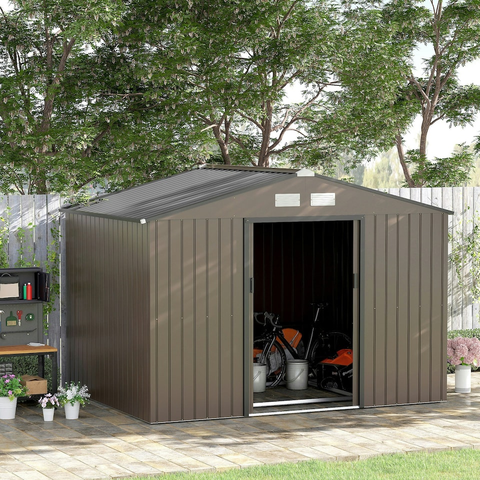 image 1 of Outsunny 9 x 6FT Galvanised Garden Storage Shed with Sliding Door, Brown