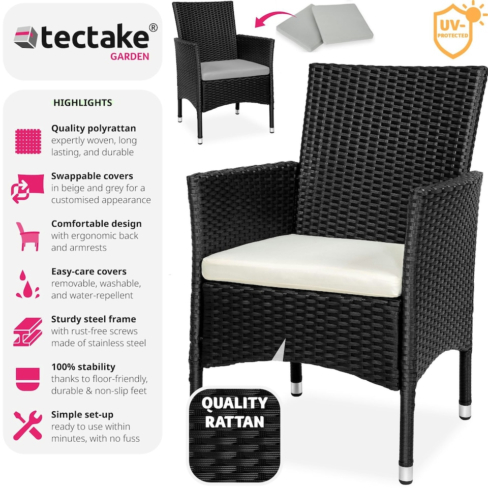 image 1 of Garden Chair Nantes Set of 2 - durable polyrattan, 2 sets of cushion covers Black | Beige