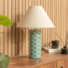 ValueLights Athena Teal Blue Seashell Table Lamp with Natural Tapered Shade