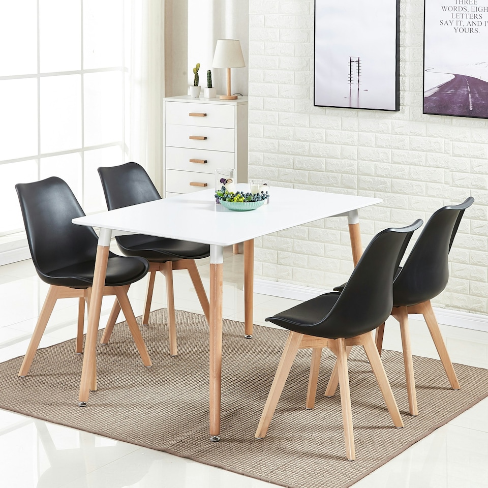 image 1 of 5PCs Dining Set - a White Halo Dining Table & Set of 4 Lorenzo Tulip Chairs with Padded Seat | Black