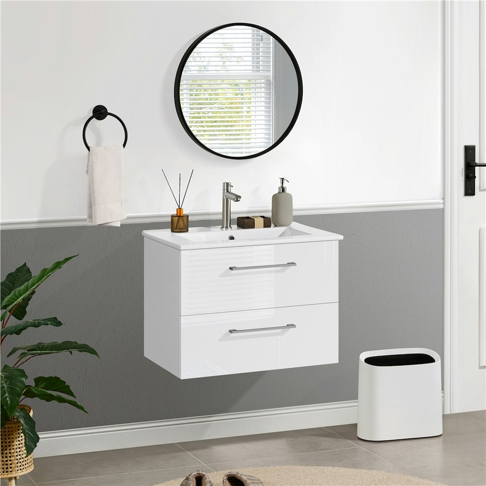 image 1 of Yaheetech Floating Storage Vanity with Ceramic Basin White