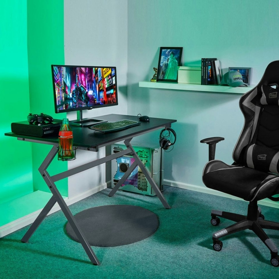 image 1 of Grey Ergonomic PC Gaming Office Computer Desk with Headphone Hook