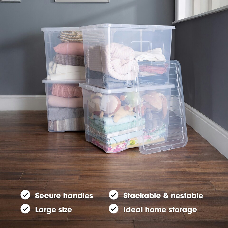 image 1 of Wham Crystal 4 x 80L Stackable Plastic Storage Boxes with Lids