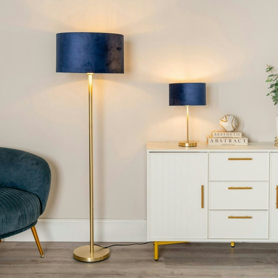 image 1 of ValueLights Charlie Brushed Chrome Stem Floor Lamp Mustard Taper Shade Blue