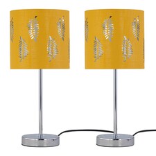 Set of 2 Chrome Touch Table Lamps with Ochre Mustard Fern Shades | Chrome | Polished chrome plate and ochre cotton with silver inner detail | 2