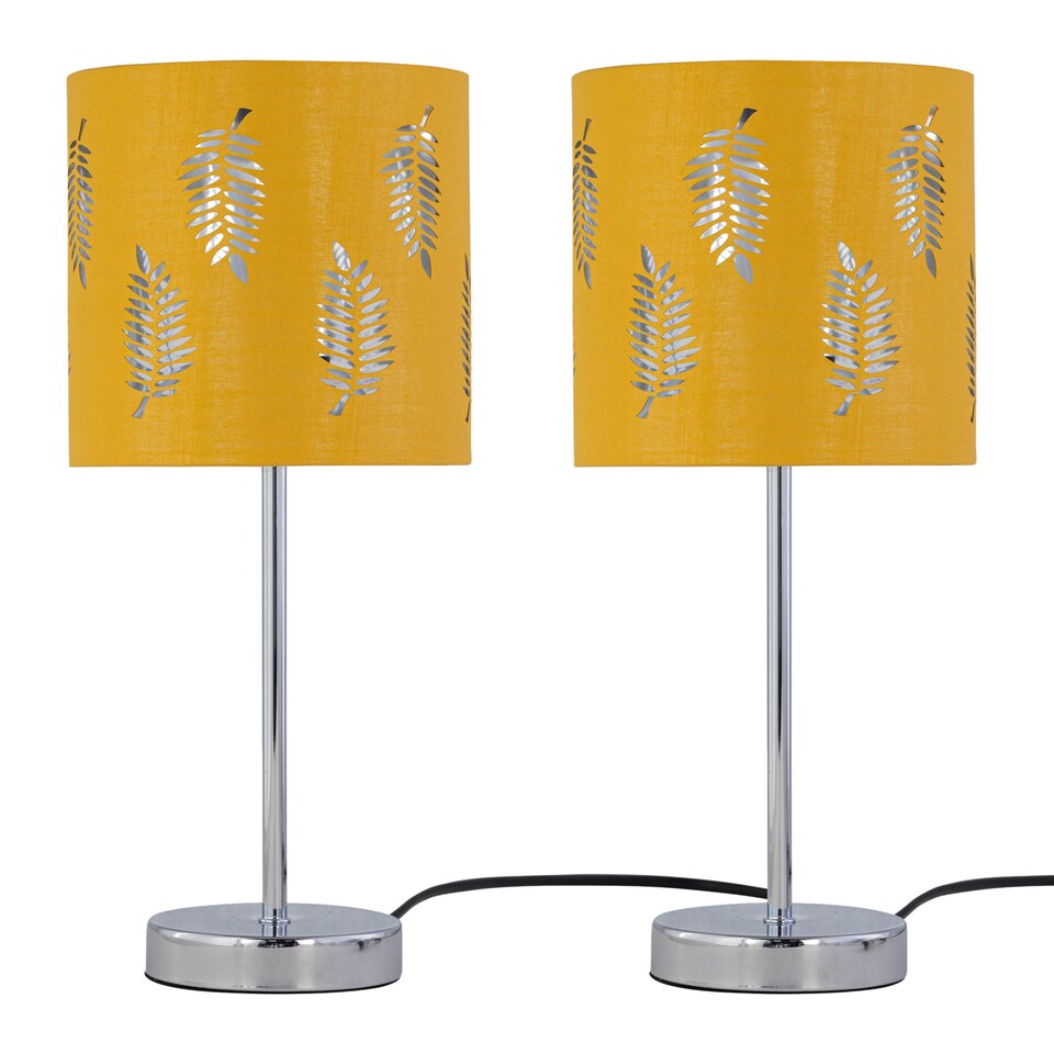 image 1 of Set of 2 Chrome Touch Table Lamps with Ochre Mustard Fern Shades | Chrome | Polished chrome plate and ochre cotton with silver inner detail | 2