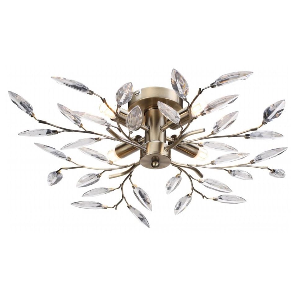 image 1 of Modern Birch 4 Light Semi Flush Antique Brass Ceiling Light with Clear Leaves | Gold | Antique Brass | 1