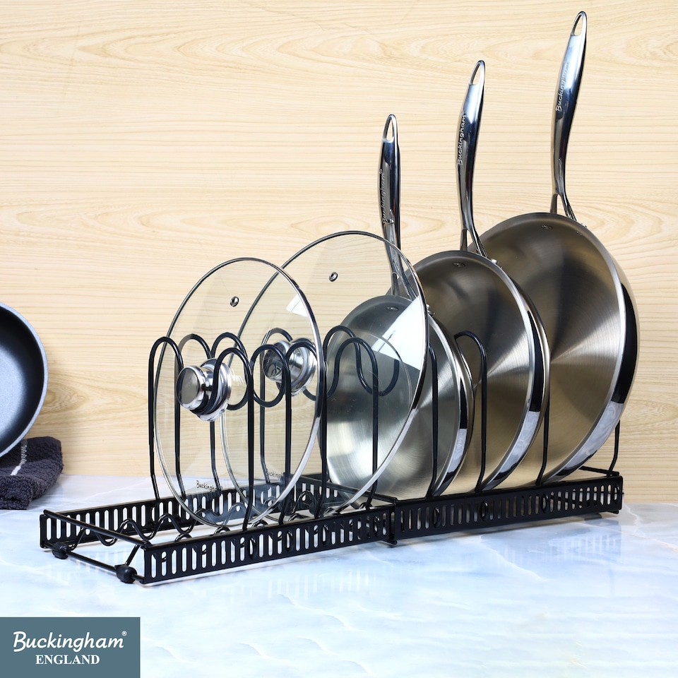image 1 of Buckingham Expandable Pot, Pan & Lid Organising Rack 8 Dividers - Black | Black