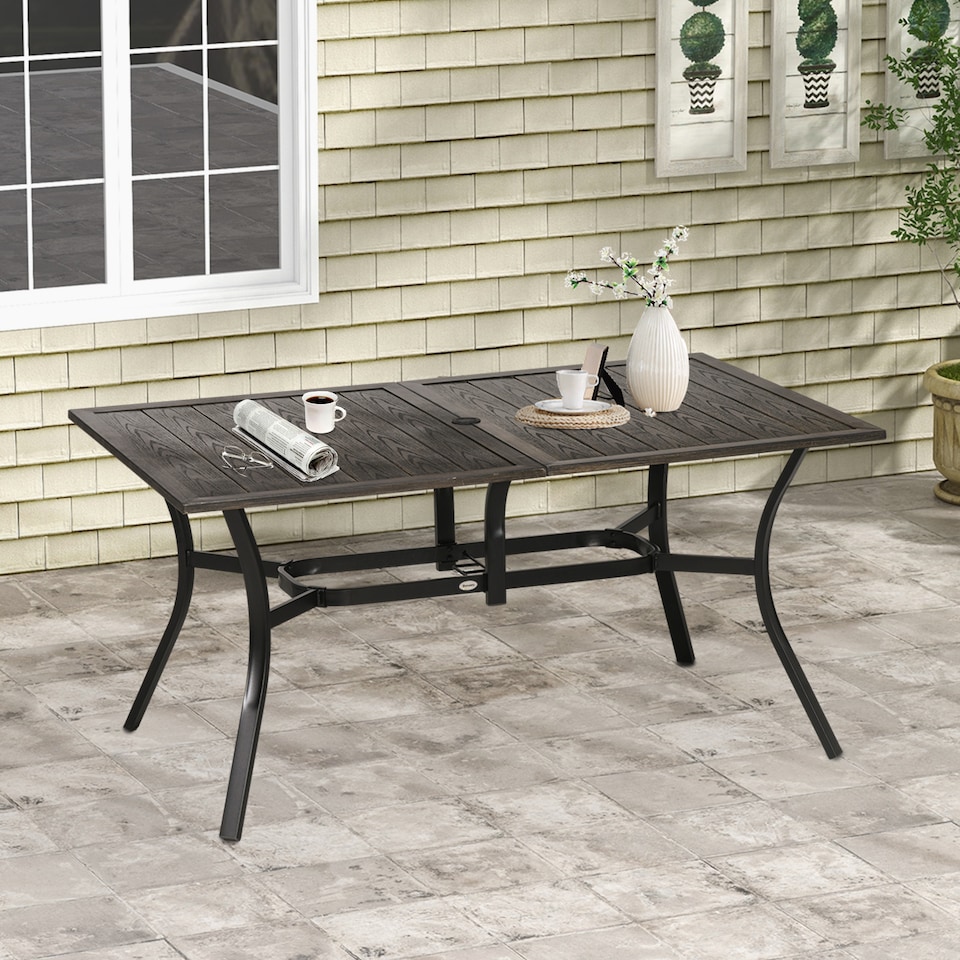 image 1 of Outsunny Garden Table with Parasol Hole, Outdoor Garden Dining Table with Wood Grain Tabletop and Steel Frame for Patio, Deck, Balcony, Brown, 150 x 96 x 73cm