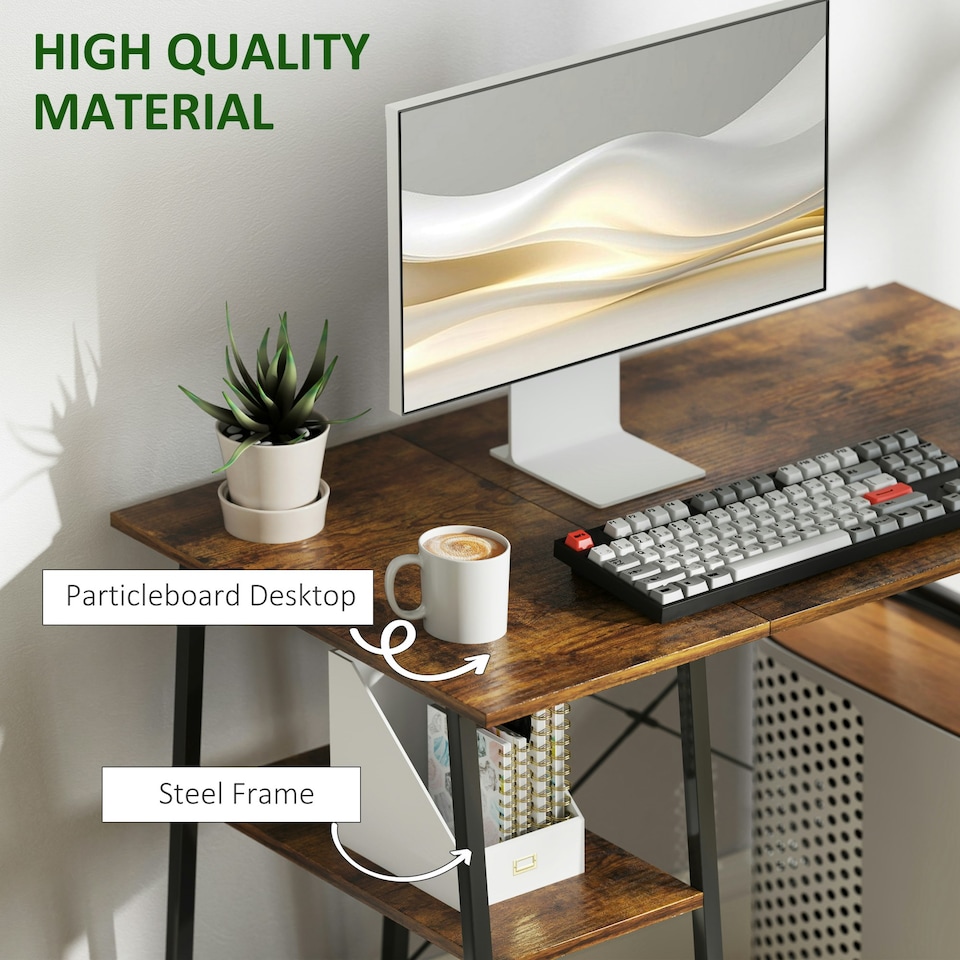 image 1 of HOMCOM 100cm Computer Table with Shelves and Steel Frame, Rustic Brown | Brown | Black | 100W x 60D x 76H cm