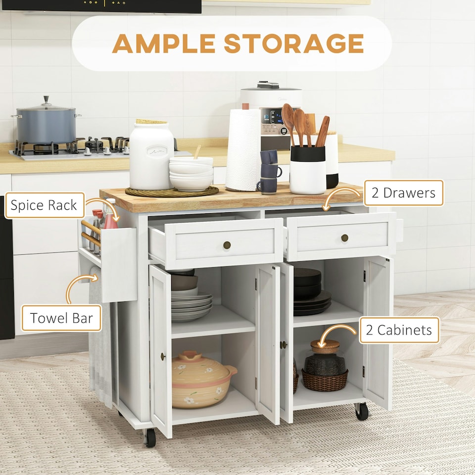 image 1 of HOMCOM Rolling Kitchen Island Cart with Rubber Wood Top, White