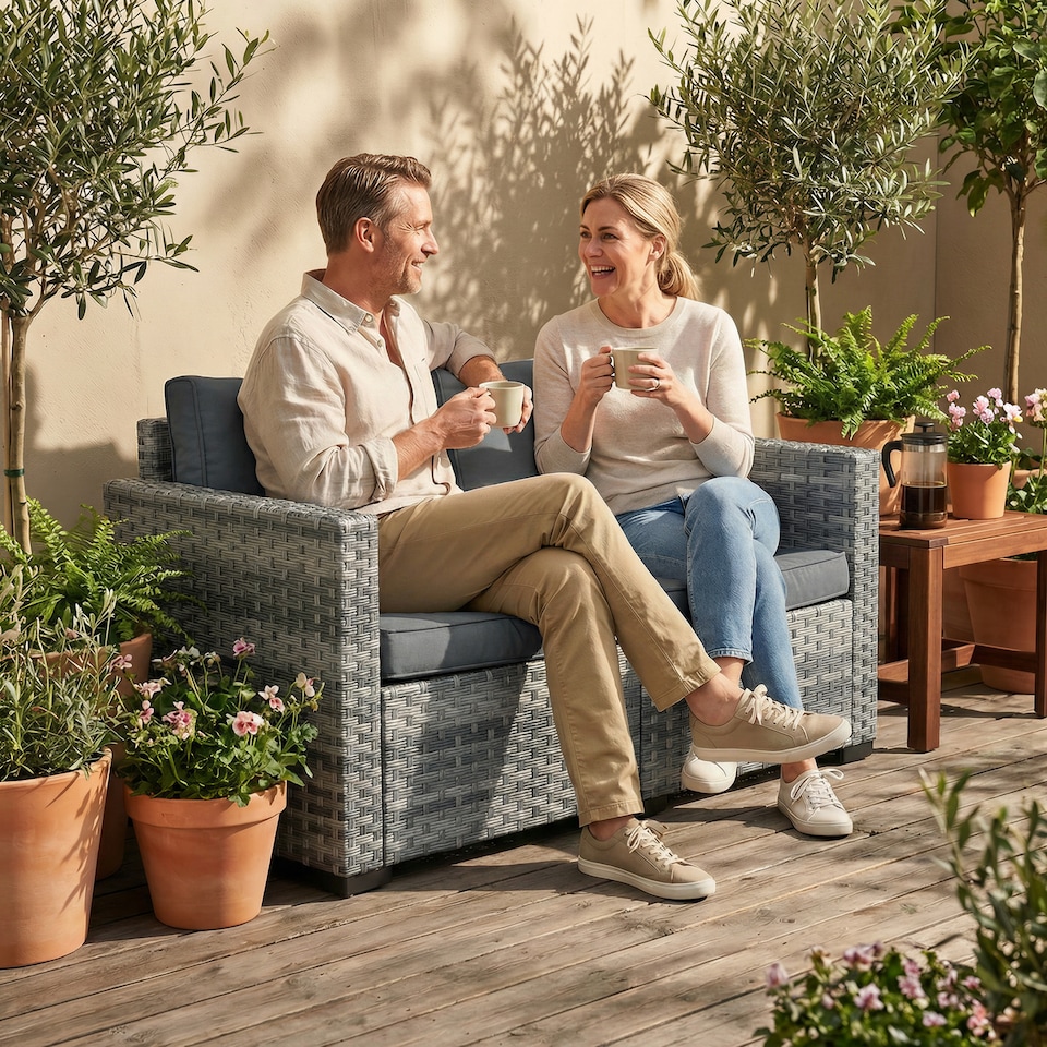 image 1 of Outsunny 2 Seater Rattan Garden Sofa with Deep Seat, Wide Arms, Mixed Grey | Grey | Mixed Grey | Two Seater