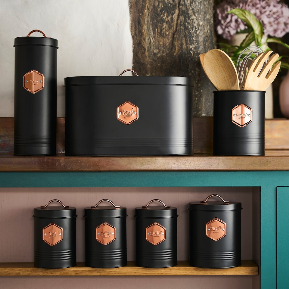 image 1 of Cooks Professional 7pc Tea, Coffee, Sugar, Biscuit, Pasta, & Bread Bin Canister Set | Black | Black & Copper