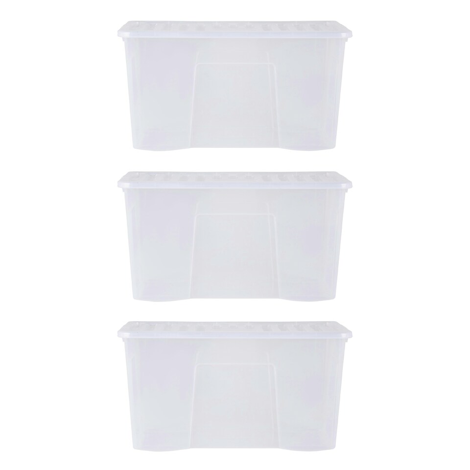 image 1 of Wham Crystal 3 x 110L Stackable Plastic Storage Boxes with Lids Clear Clear