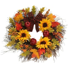 Living and Home Autumn Wreath with Artificial Maple Leaves and Sunflowers for Halloween- 45cm dia