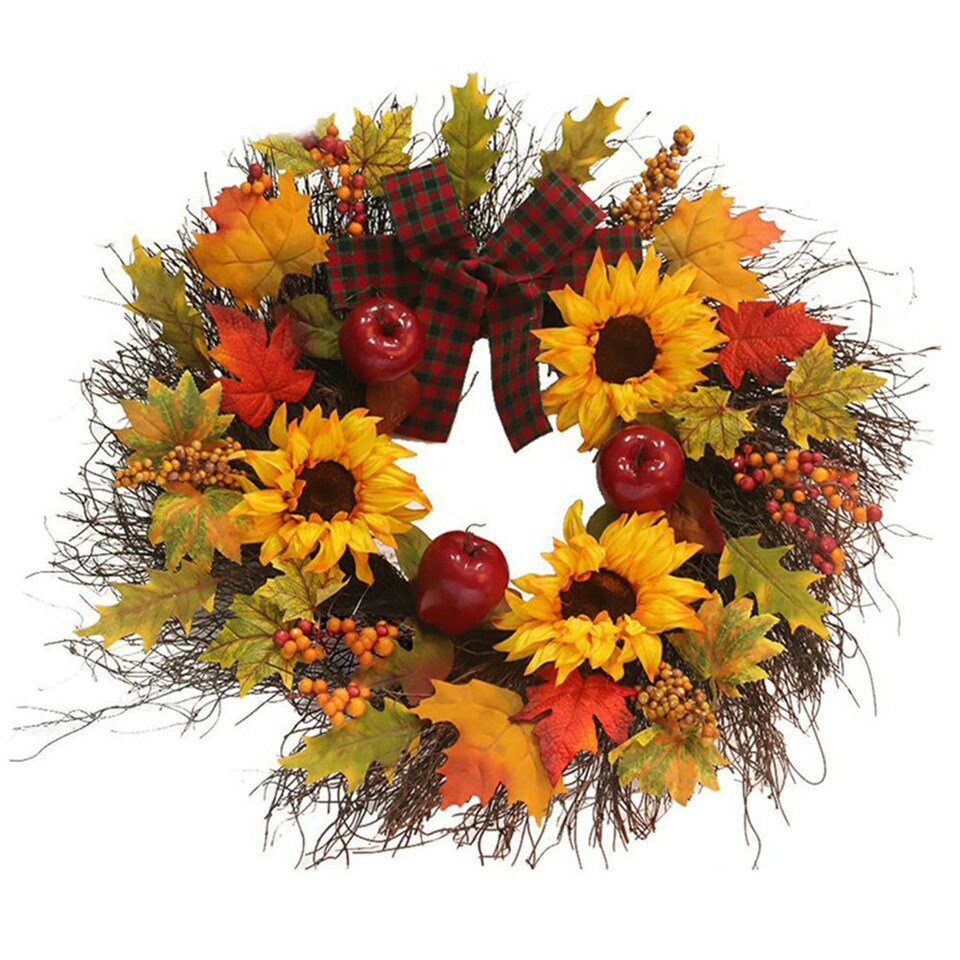 image 1 of Living and Home Autumn Wreath with Artificial Maple Leaves and Sunflowers for Halloween- 45cm dia