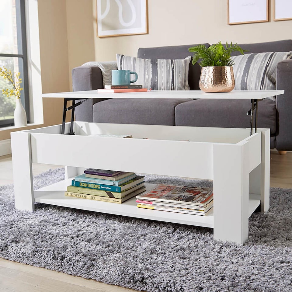 image 1 of Wooden Coffee Table With Lift Up Top Storage Area and Magazine Shelf | White