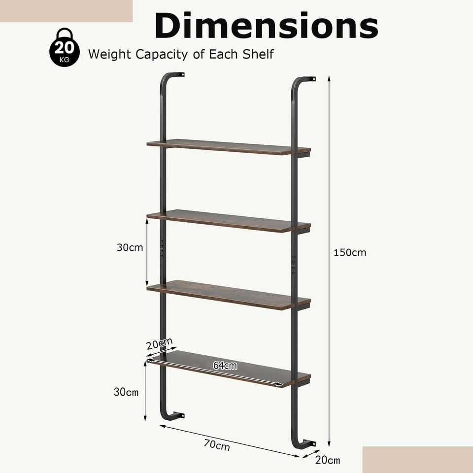 image 1 of COSTWAY 4-Tier Shelving Wall Mounted Wood Bookcasw Brown