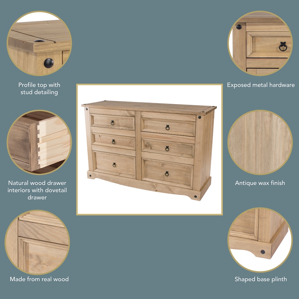 image 1 of Premium Corona 3+3 Drawer Wide Chest of Drawers - Classic Mexican Pine Bedroom Storage Cabinet | Brown | Brown | 1